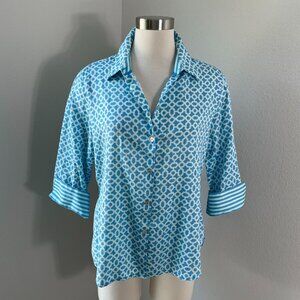 Foxcroft Womens 14P Blue Geometric Shaped Fit Wrinkle Free Button Up Shirt Top